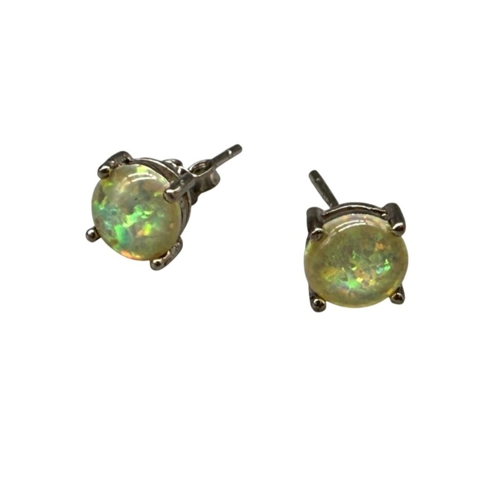Earrings Stud Round Opal Prong Minimalist Elegant Sterling Silver